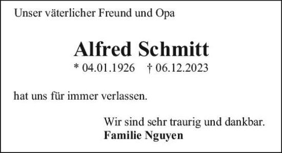 Traueranzeige von Alfred Schmitt von Darmstädter Echo
