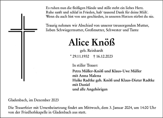 Traueranzeige von Alice Knöß von Hinterländer Anzeiger
