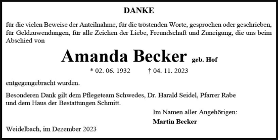Traueranzeige von Amanda Becker von Dill Block