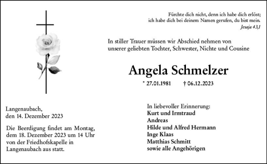 Traueranzeige von Angela Schmelzer von Dill Block