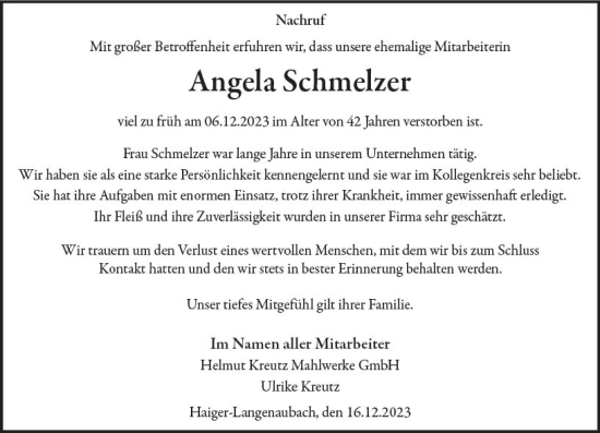 Traueranzeige von Angela Schmelzer von Dill Block