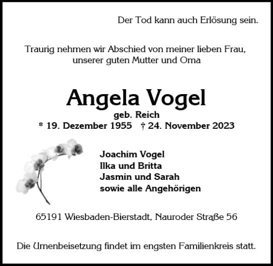 Traueranzeige von Angela Vogel von Wiesbadener Kurier