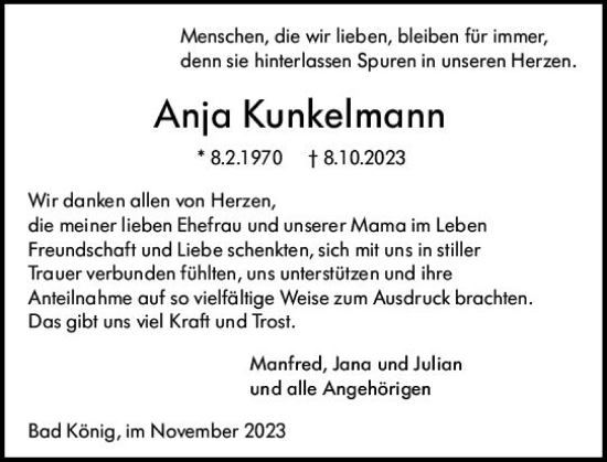 Traueranzeige von Anja Kunkelmann von Odenwälder Echo