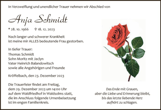 Traueranzeige von Anja Schmidt von Wetzlarer Neue Zeitung