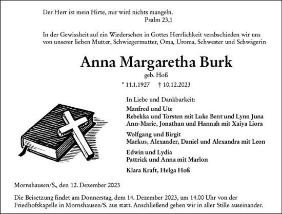 Traueranzeige von Anna Margaretha Burk von Hinterländer Anzeiger