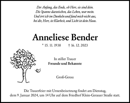 Traueranzeige von Anneliese Bender von Groß-Gerauer Echo