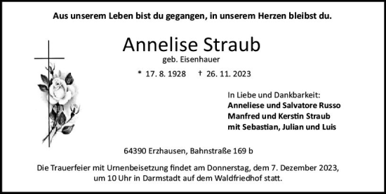 Traueranzeige von Annelise Straub von Darmstädter Echo