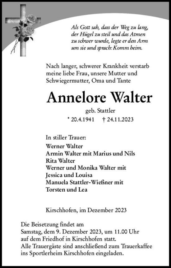 Traueranzeige von Annelore Walter von Weilburger Tageblatt