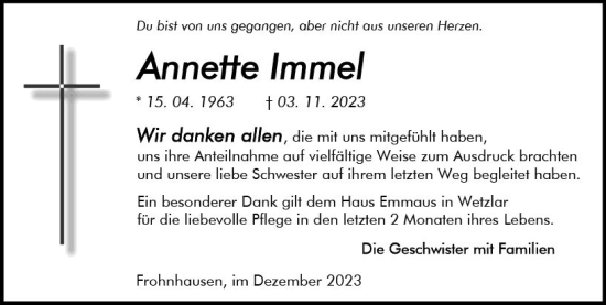 Traueranzeige von Annette Immel von Dill Block