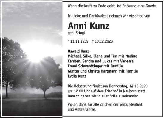 Traueranzeige von Anni Kunz von Wetzlarer Neue Zeitung