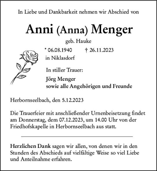 Traueranzeige von Anni Menger von Dill Block