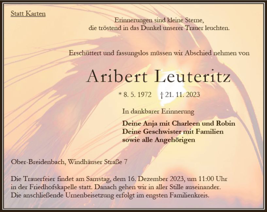 Traueranzeige von Aribert Leuteritz von Oberhessen Kurier