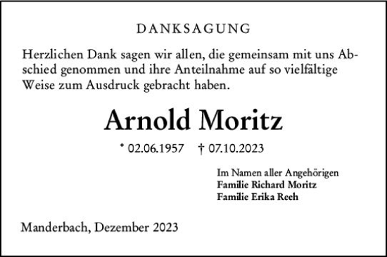 Traueranzeige von Arnold Moritz von Dill Block