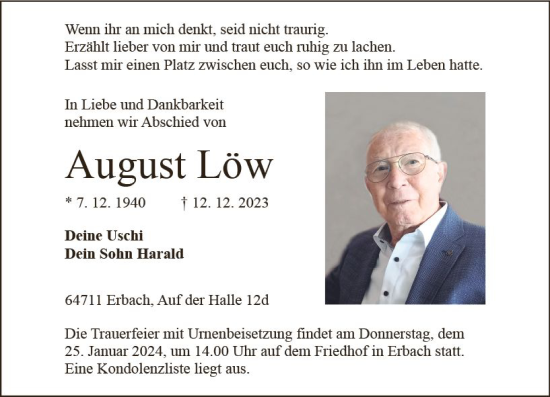 Traueranzeige von August Löw von Odenwälder Echo