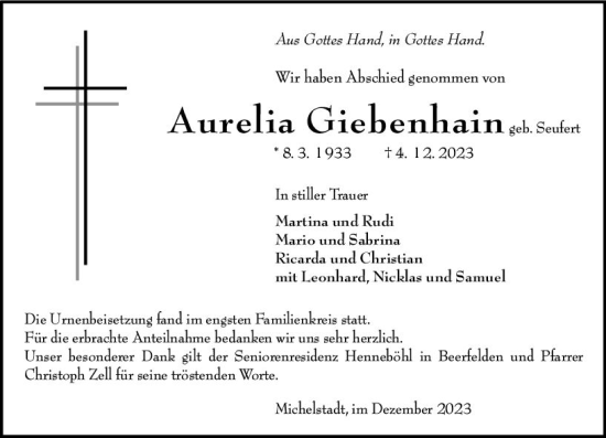 Traueranzeige von Aurelia Giebenhain von Odenwälder Echo