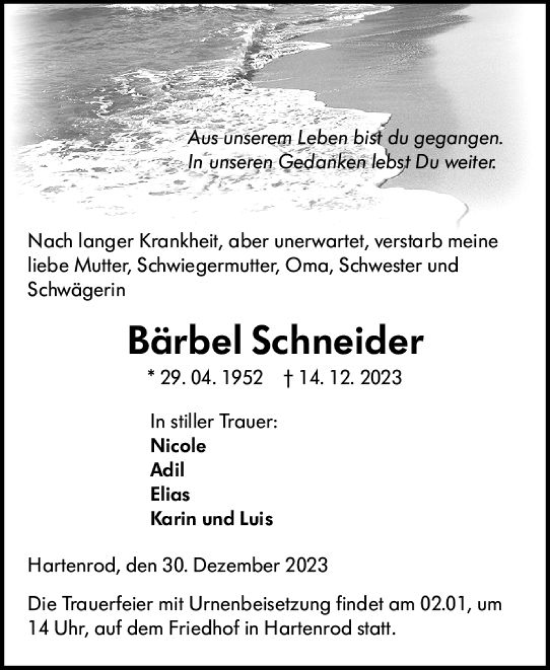 Traueranzeige von Bärbel Schneider von Hinterländer Anzeiger