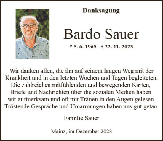Traueranzeige von Bardo Sauer von Allgemeine Zeitung Mainz Traueranzeige von Bardo Sauer von Allgemeine Zeitung Mainz