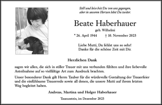 Traueranzeige von Beate Haberhauer von Wiesbadener Kurier