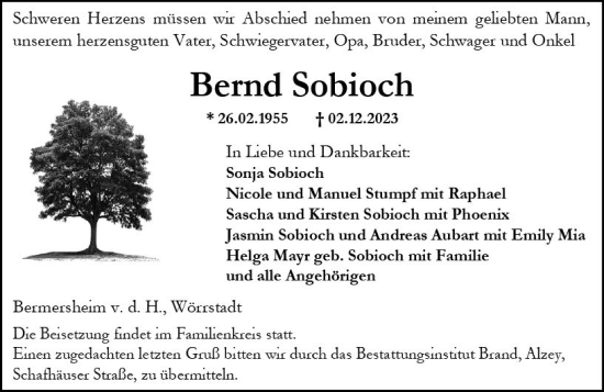 Traueranzeige von Bernd Sobioch von Allgemeine Zeitung Alzey