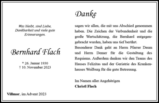 Traueranzeige von Bernhard Flach von Nassauische Neue Presse