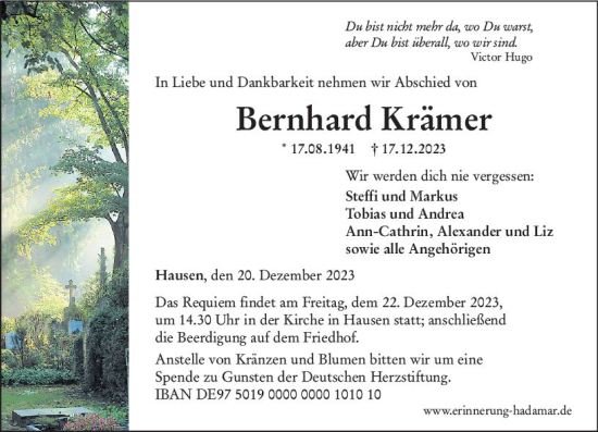 Traueranzeige von Bernhard Krämer von Nassauische Neue Presse