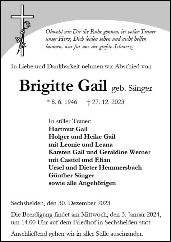 Traueranzeige von Brigitte Gail von Dill Block