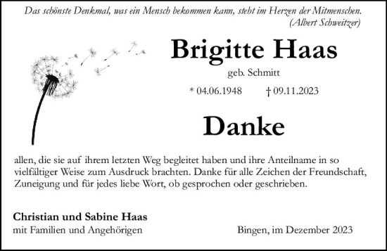 Traueranzeige von Brigitte Haas von Allgemeine Zeitung Bingen/Ingelheim