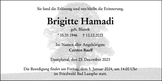 Traueranzeige von Brigitte Hamadi von Hinterländer Anzeiger