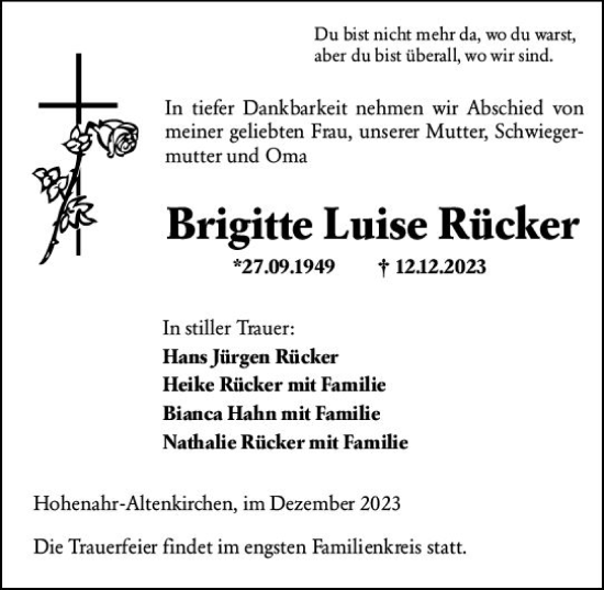Traueranzeige von Brigitte Luise Rücker von Wetzlarer Neue Zeitung