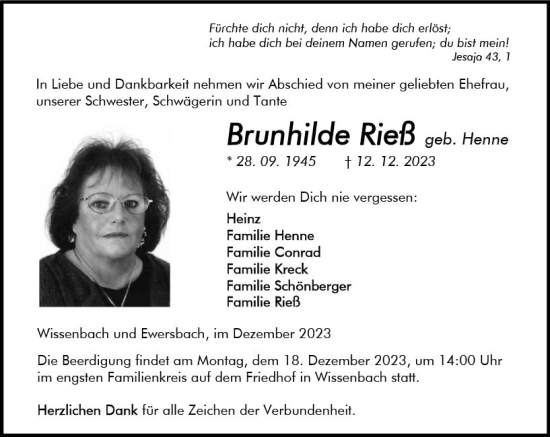 Traueranzeige von Brunhilde Rieß von Dill Block