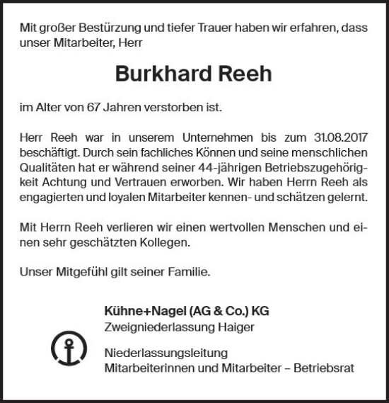 Traueranzeige von Burkhard Reeh von Wetzlarer Neue Zeitung