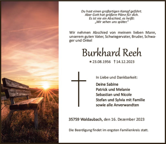 Traueranzeige von Burkhard Reeh von Dill Block