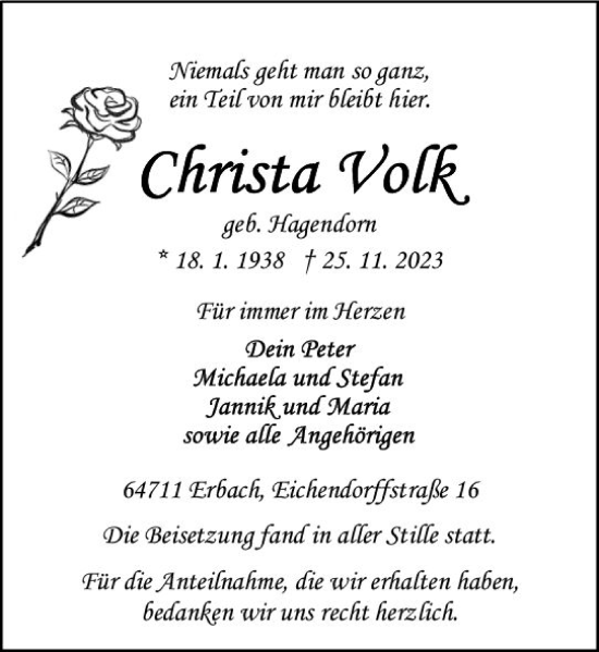 Traueranzeige von Christa Volk von Odenwälder Echo