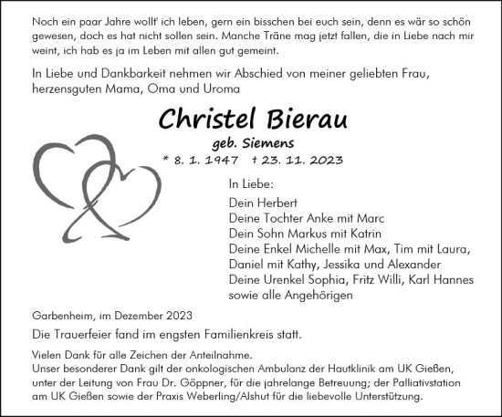 Traueranzeige von Christel Bierau von Wetzlarer Neue Zeitung