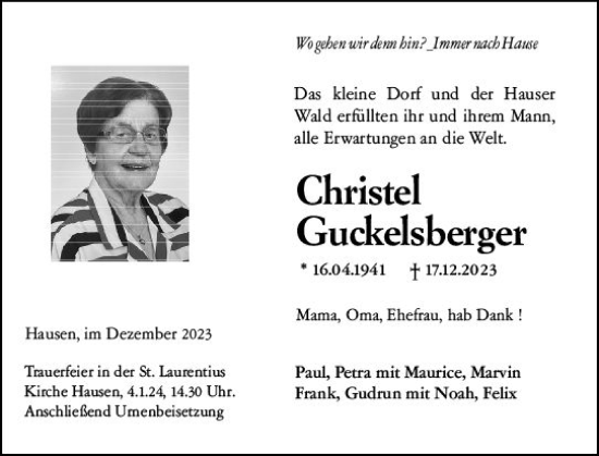 Traueranzeige von Christel Guckelsberger von Nassauische Neue Presse