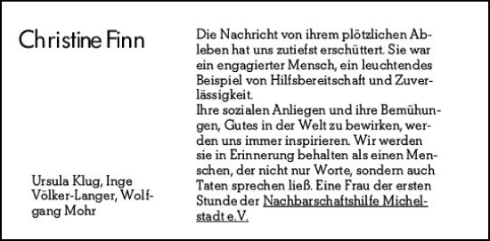 Traueranzeige von Christine Finn von Odenwälder Echo