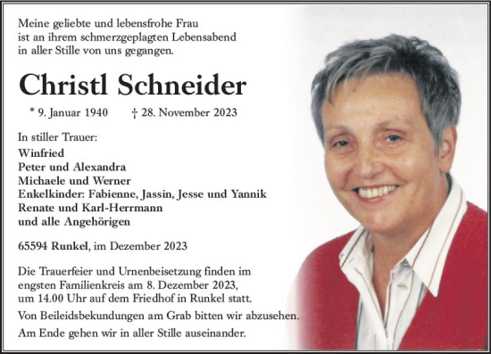 Traueranzeige von Christl Schneider von Nassauische Neue Presse