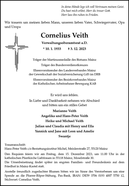Traueranzeige von Cornelius Veith von Allgemeine Zeitung Mainz