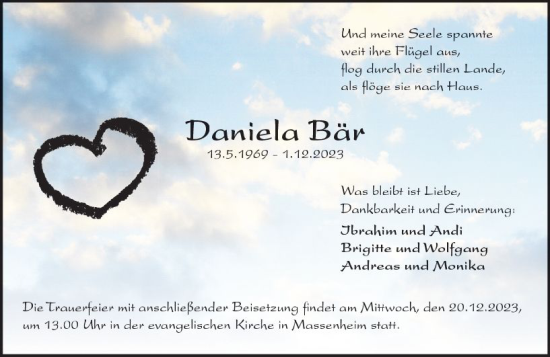 Traueranzeige von Daniela Bär von Wiesbadener Kurier