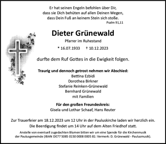 Traueranzeige von Dieter Grünewald von Darmstädter Echo
