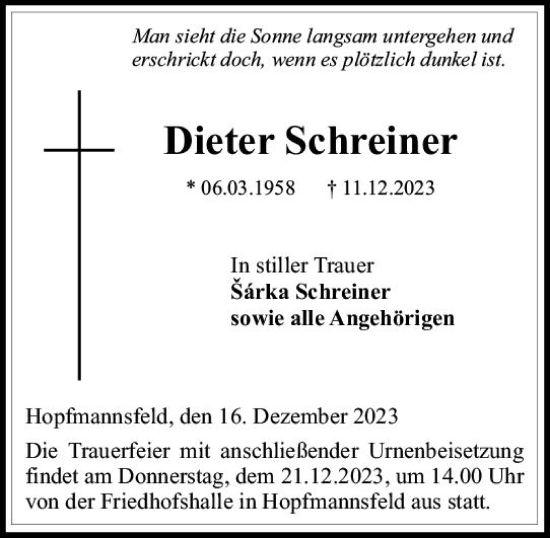 Traueranzeige von Dieter Schreiner von VRM Trauer