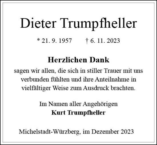 Traueranzeige von Dieter Trumpfheller von Odenwälder Echo