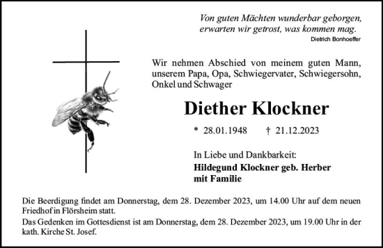 Traueranzeige von Diether Klockner von Rüsselsheimer Echo