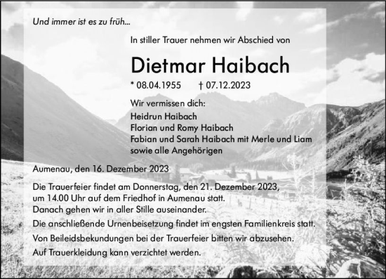 Traueranzeige von Dietmar Haibach von Weilburger Tageblatt