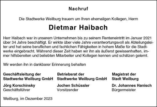 Traueranzeige von Dietmar Haibach von Weilburger Tageblatt