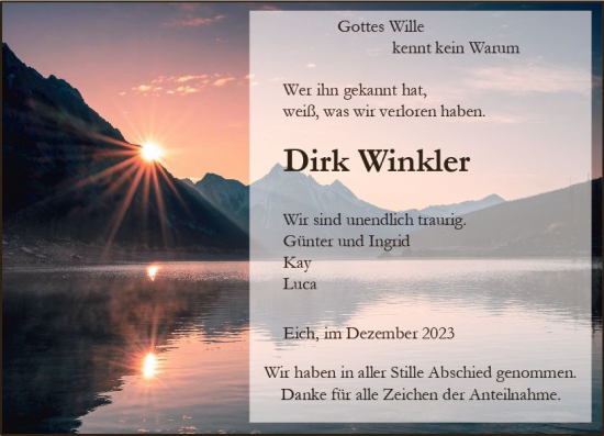 Traueranzeige von Dirk Winkler von Wormser Zeitung