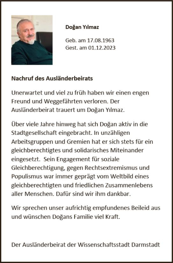 Traueranzeige von Dogan Yilmaz von Darmstädter Echo