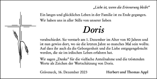 Traueranzeige von Doris Appl von Weilburger Tageblatt