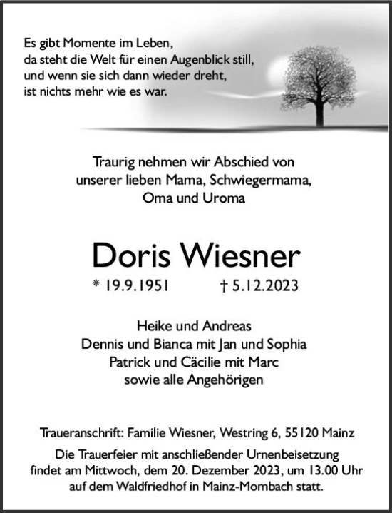 Traueranzeige von Doris Wiesner von Allgemeine Zeitung Mainz