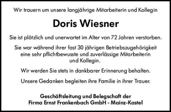 Traueranzeige von Doris Wiesner von Allgemeine Zeitung Mainz